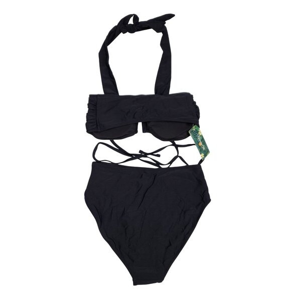 Black Two-Piece Ruched Halter Swimsuit Bikini High-Waisted Bottoms Size Small - Picture 2 of 8